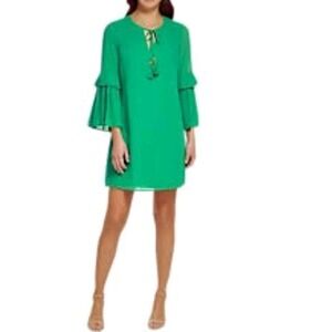 Vince Camuto Shift Dress Women SZ 4 Green 3/4 Pleated Bell Sleeve Lined #374